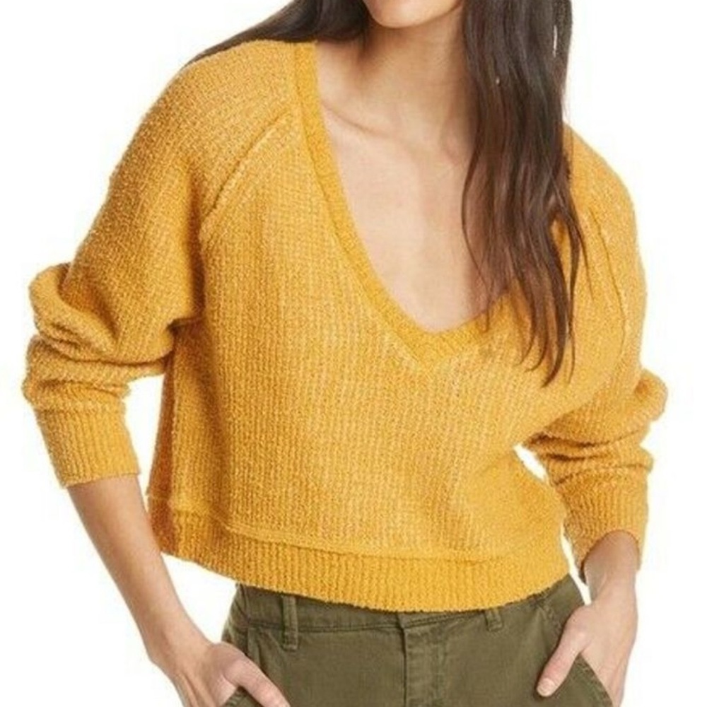 🌻 Free People Cropped V-Neck Knit Sweater Mustard Women’s size XS